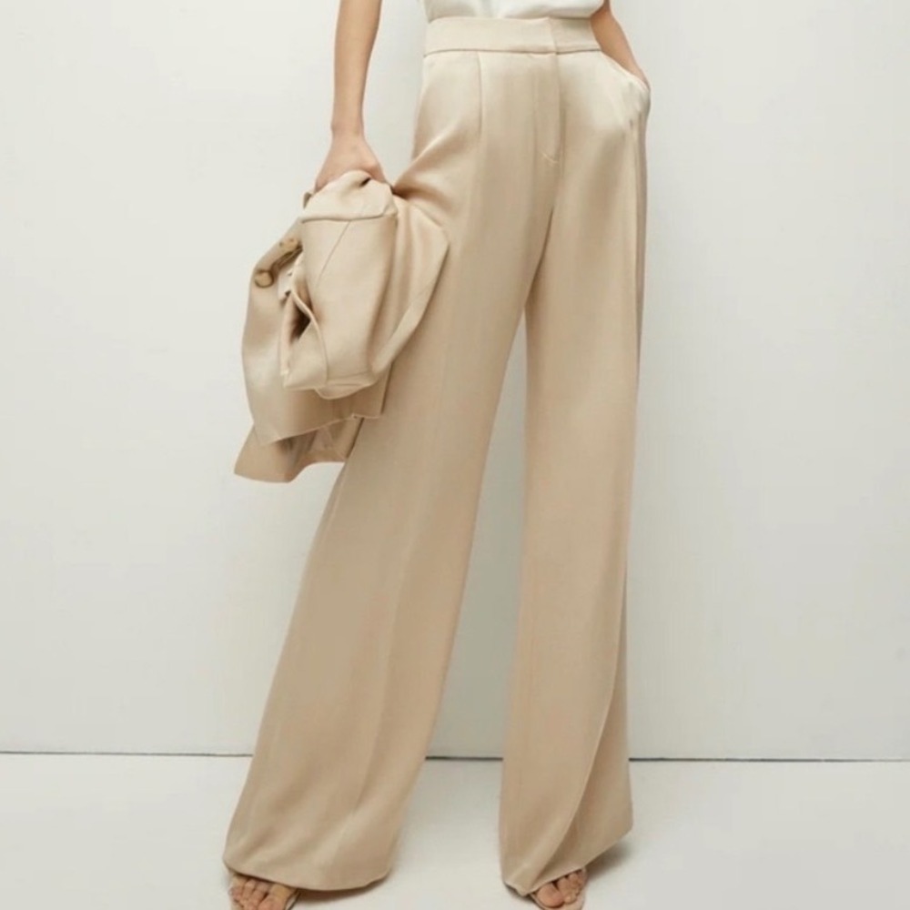 Veronica Beard Robinne Wide Leg Trousers Pants in Sand Satin Crepe Pleated - 8 - Picture 1 of 6